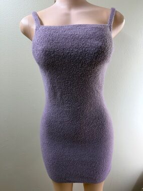 ZARA short knit dress with straps, crochet-style pinafore, purple.
